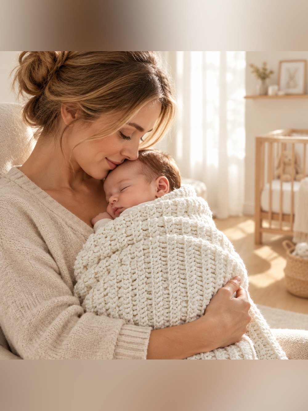 Cream Ribbed Knit Baby Blanket